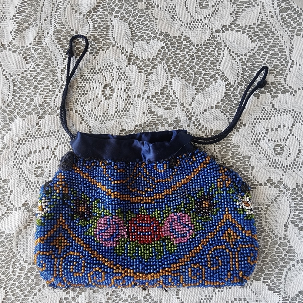 Antique 1920s Art Deco Beaded Drawstring Purse Cobalt Blue Floral Czech Glass
